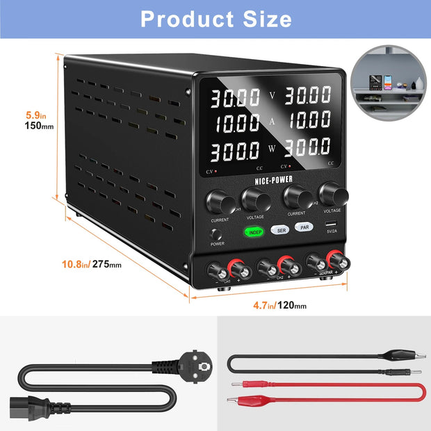 Kuaiqu - Power Supply - Inverter - Adjustable Voltage Regulator - Dual-Channel Variable DC Power Supply - 30V - 10A - 300W - AC 220V - Black