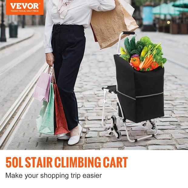 Vevor - Deeper Festival Trolley - Winkelwagen - 50L - Opvouwbaar - Utility Cart Trolley - Dolly met Zitting - Stair Climber Cart voor Boodschappen - Zwart