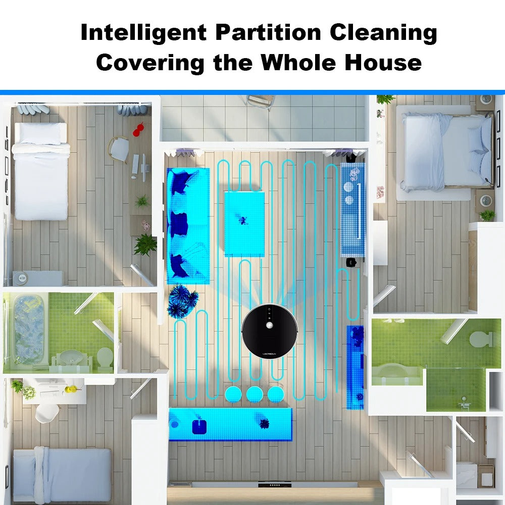 LIECTROUX - Robotstofzuiger - Kaartnavigatie - Smart Partition - WiFi-app - 6KPa zuigkracht - Droge en natte dweil - Desinfectie - Superdun - Zwart - QUORE