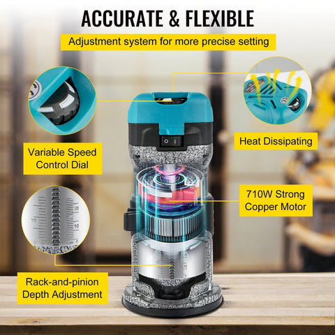 Vevor - Router - Wood Router - Electric Hand Trimmer - High Quality - 30000RPM - 220V - 710W - Fixed base - Green