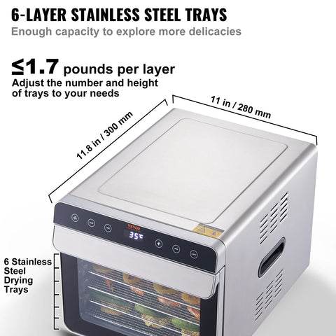 Vevor - Food Dehydrator - Drying Oven - Food Dehydrator - 700W - Stainless Steel - Digital Adjustable Timer and Temperature - Silver