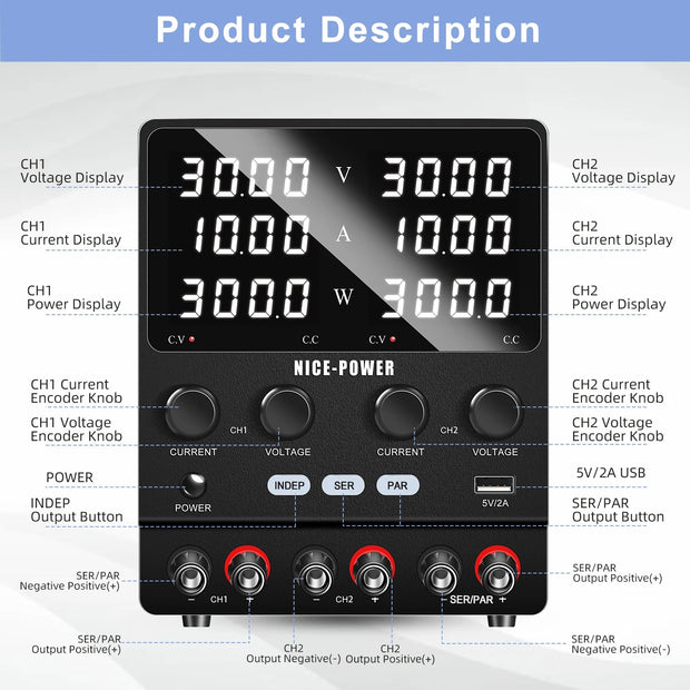Kuaiqu - Power Supply - Inverter - Adjustable Voltage Regulator - Dual-Channel Variable DC Power Supply - 30V - 10A - 300W - AC 220V - Black
