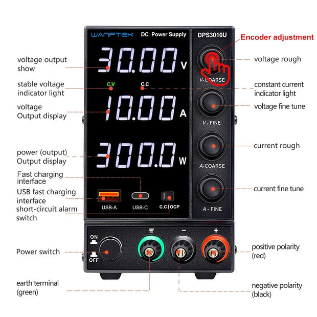 Wanptek - Power supply - Inverter - Adjustable voltage regulator 30V - 10 - 300W - White display - For telephone repair - Regulated lab table - DC power supplies - Black
