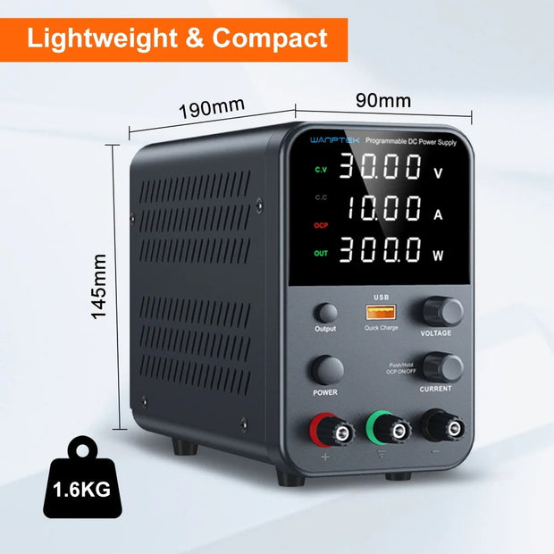 Wanptek - Power Supply - Adjustable DC Voltage Regulator - Adjustable Laboratory Power Supply - Desktop Switched Power Supply - Preset Voltage Current Output - 30V - 10A - 60Hz - Black