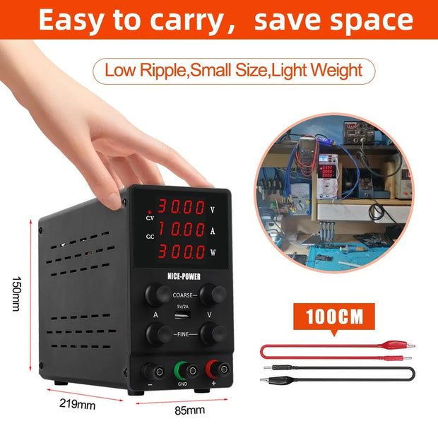 Nice-Power - Power supply - Lab power supply - Inverter - Adjustable voltage regulator - Adjustable power supply - Function generator - Regulated lab power supply - Adjustable - 30V - 10A - 220V - Regulator Stabilizer Table source - Black