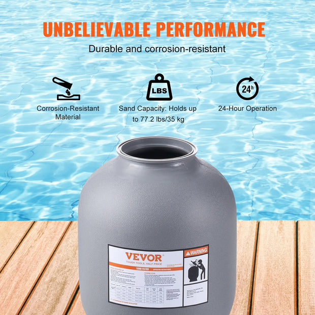Vevor - Sand Filter - Sand Filter Pump - with 7-Way Multiport Valve - High GPM Flow Rate - High Pressure - 16 Inch - 35 GPM - HDPE Material - Gray