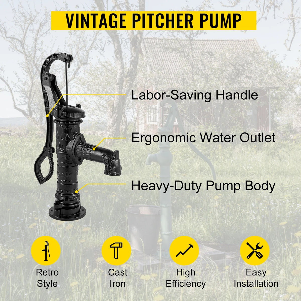 Waterpomp - Antieke handwaterpomp - Kruikpomp - Voor buitenvijvers, tuinvijvers, boerderijputten - Vintage stijl - Gietijzer - Groen