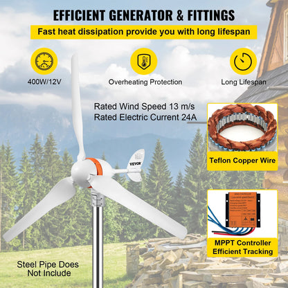 Windturbine - Windmolen Generator - Windturbine Generator – Windenergie - Wind Turbine - 12V - 24A - 900RPM - 400W - 3 Nylonvezel Blades - Wit - QUORE