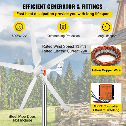 Windturbine - Windmolen Generator - Windturbine Generator – Windenergie - Wind Turbine - 5 Nylonvezel Blades - 12V - 29A - 500W - Wit - QUORE