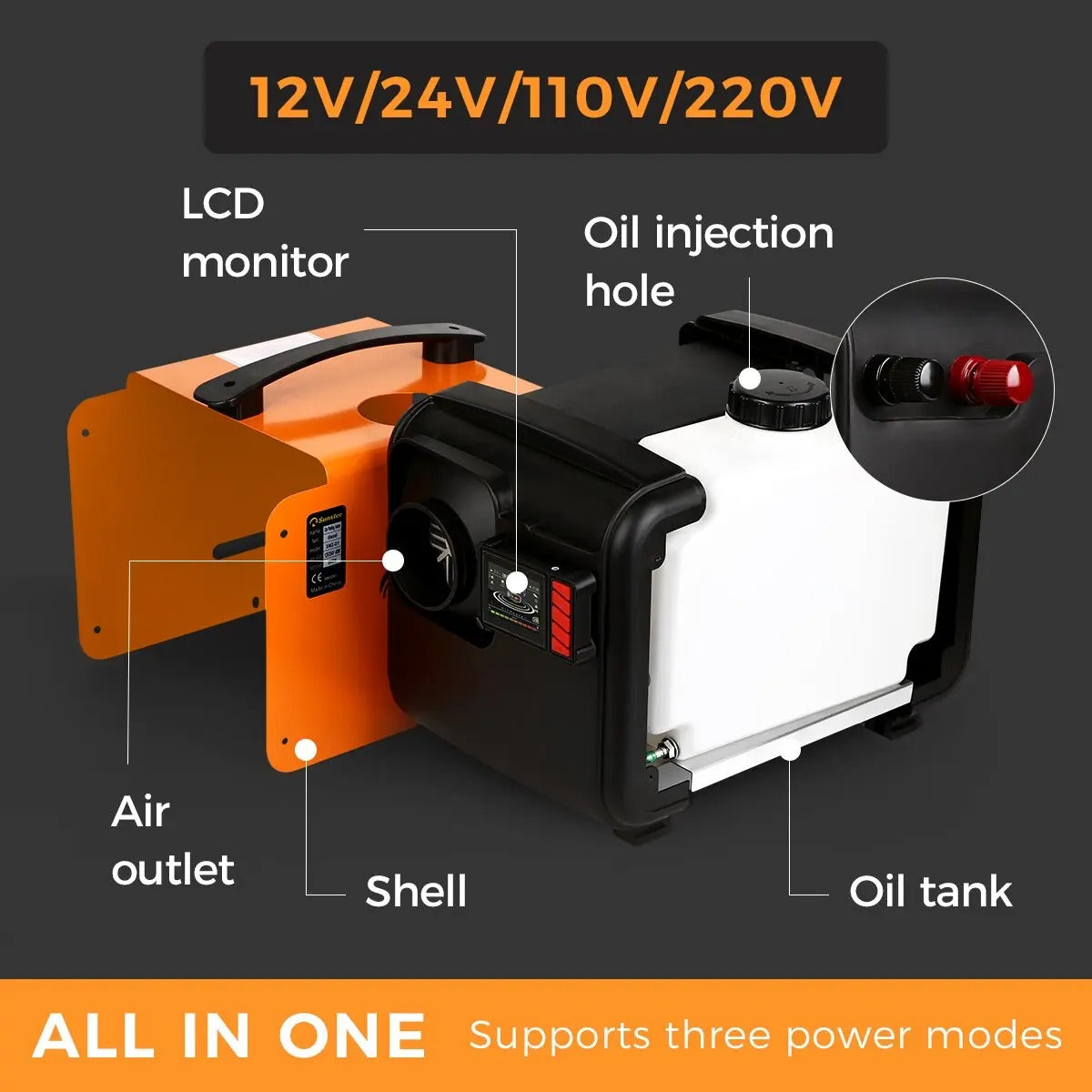 Dieselkachel - Elektrische kachel - 8KW - 220V - Bluetooth-app en Afstandsbediening - Ultrastille Nachtkachel of Campertent voor Thuis - Oranje - QUORE