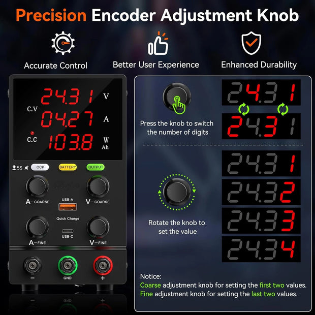 Nice-Power - Power supply - Converter - Adjustable DC power supply - 30V - 10A - AC 220V - USB-A USB-C - Encoder knob - Black