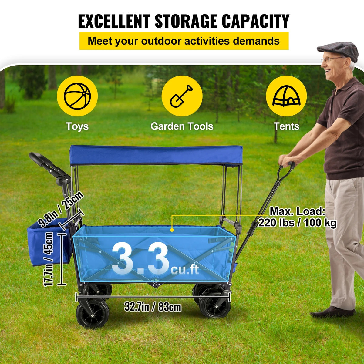 Vevor - Deeper Festival Trolley - Verstelbare stuurstang - Opvouwbare wagen - Verstelbare stuurstang - Afneembare luifel - Oxford-doek - Opvouwbare boodschappenwagen voor buiten, kamperen en strand - Blauw