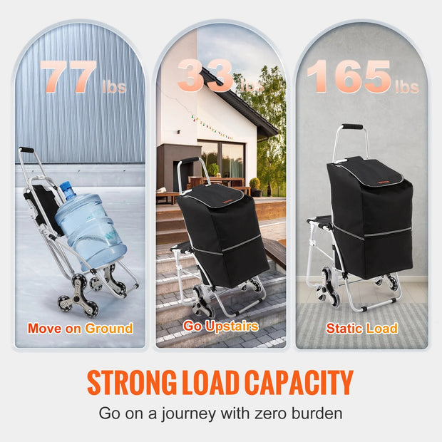 Vevor - Deeper Festival Trolley - Winkelwagen - 50L - Opvouwbaar - Utility Cart Trolley - Dolly met Zitting - Stair Climber Cart voor Boodschappen - Zwart