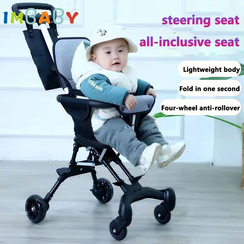 IMBABY - Kinderwagen - Draagbaar - Opvouwbare Trolley voor Baby's - Met Kussen en Zonnescherm - Lichtgewicht - Vierwielige Kar - Zwart - QUORE