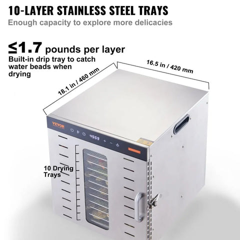Vevor - Food Dehydrator - Drying Oven - Fruit Dryer - Fruit Dryer - 10 Trays - 220V - 800W - Meat Dehydrated - Drying Machine - with Digital Timer - Silver