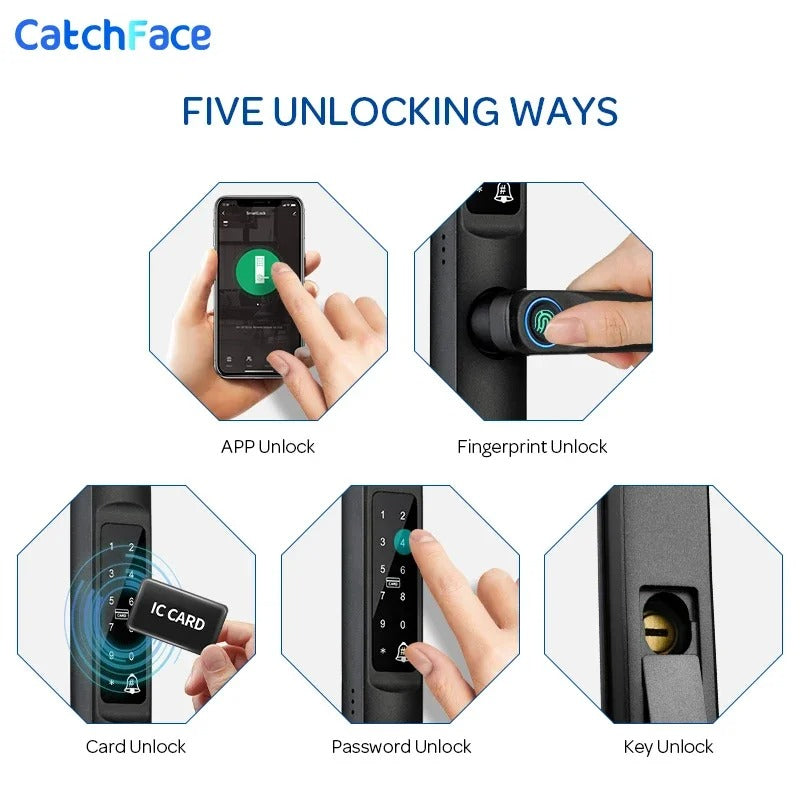 Slank Deurslot - Smart Lock - Elektrisch Deurslot - IP66 - WIFI - Biometrisch - APP - Mechanische sleutels - Kaart - Wachtwoord - Met insteekslot - Zwart