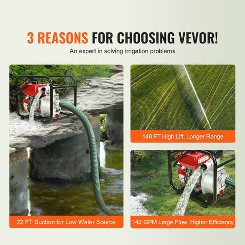 Vevor - Water Pump - Utility Pump - Gasoline Engine Water Pump - 4-Stroke Gas Powered - 7HP - 265GPM - Waste Water Transfer Pump for Pool Irrigation - Red