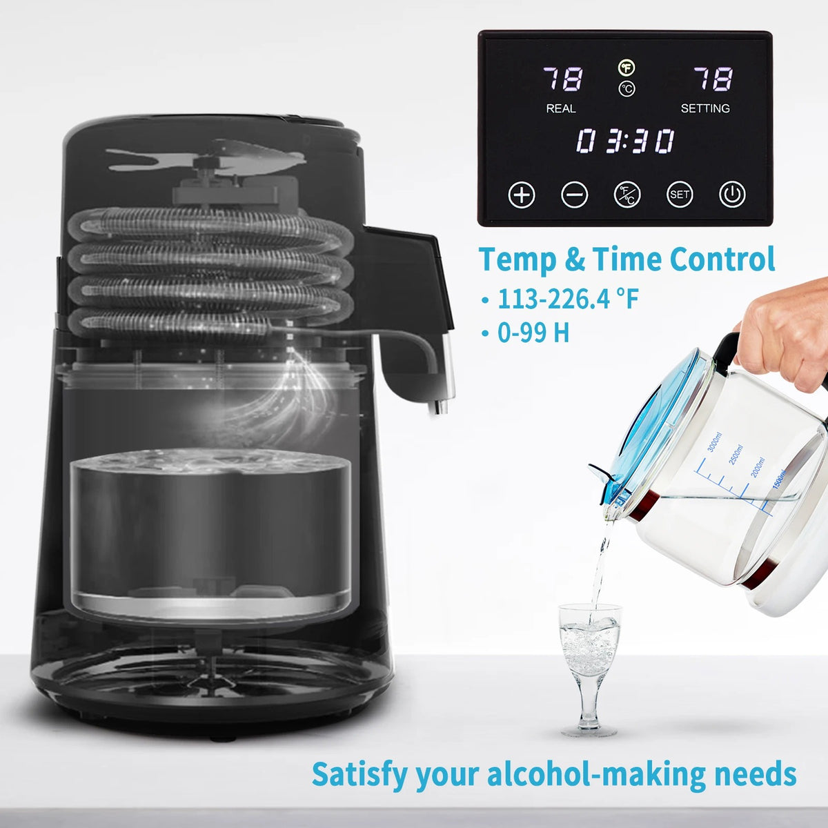 Vevor - Waterdestilleerder - Zuiver Water Maken - Waterdestilleerder/zuiveraar - 304 roestvrij staal - Borosilicaatglas - 220V - 50Hz - Zilver - QUORE