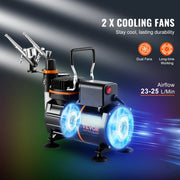 Airbrush - Airbrush Kit - Dual Fan - Professional Airbrushing System Kit - met Airbrushes Mengwiel Reinigingsborstelset - Zwart