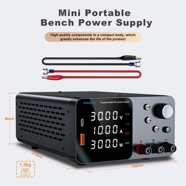 Voeding - Omvormer - Instelbare spanningsregelaar - met USB-A/Type-C - Laadpoort - 30V 10A - DC-voeding voor 4-cijferig LED-display met encoderbediening - Zwart
