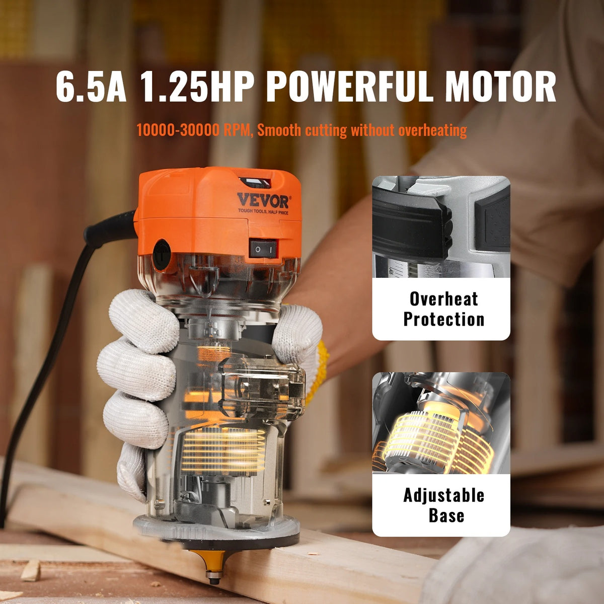 Vevor - Bovenfrees - Houtfrees - Elektrische Handtrimmer - Hoge Kwaliteit - 6 Variabele Snelheden - 30000RPM - 220V - 800W - 1.25HP - Oranje