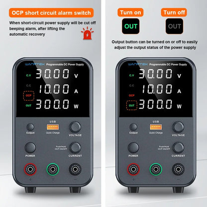 Wanptek - Voeding - Instelbare DC-Spanningsregelaar - Instelbare Laboratoriumvoeding - Tafelgeschakelde voeding - Vooringestelde spanning Stroomuitgang - 30V - 10A - 60Hz - Zwart - QUORE