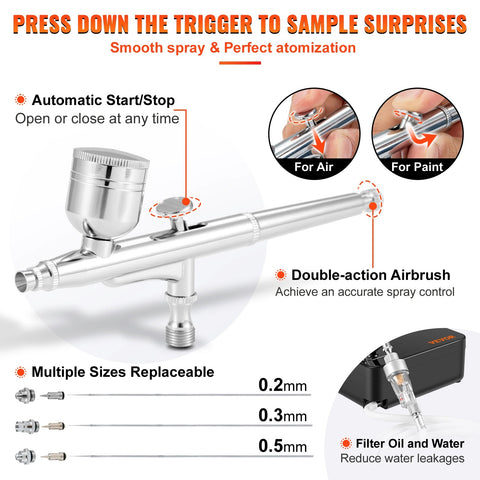Airbrush - Airbrush Kit - Dual-Action - Auto Start/Stop Control Compressor - 30PSI - 0.3mm Spuitpistool voor Cake Painting Nail Makeup Model - Zwart
