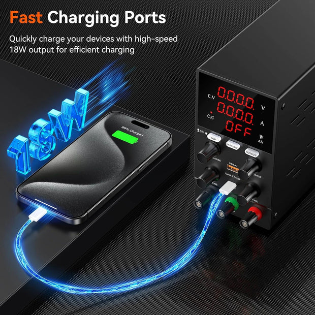 Nice-Power - Power supply - Converter - Adjustable DC power supply - 30V - 10A - AC 220V - USB-A USB-C - Encoder knob - Black