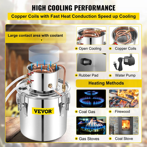 Vevor - Water Distiller - DIY Moonshine Equipment - Alcohol Water Distiller - 50L - Brewing Machine for Whiskey, Wine, Beer - Stainless Steel - Silver