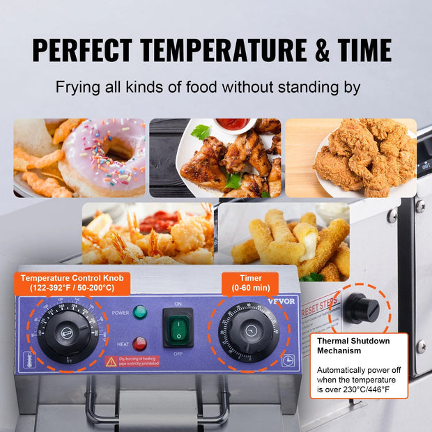 Vevor - Deep Fryer - Deep Fryer - Double Tanks - Commercial Electric Deep Fryer - with Timer Filter - 3000W - 12L - Stainless Steel - Countertop Fryer for Fried Chicken and French Fries - Silver