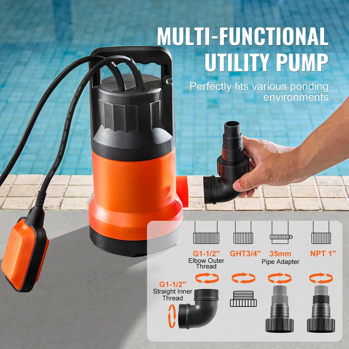 Vevor - Water Pump - Utility Pump - Submersible Pump - 1HP - 700W - 4000GPH - for water drainage - IPX8 - Orange