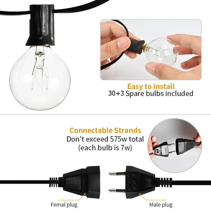 Burhui - Globe String Lights - Garland Patio Light - 220V - 2200K - 480LM Bolvorm - Bruiloftsfeest Kerst Achtertuin Decoratie - 7,6M - 25 Lampen - QUORE