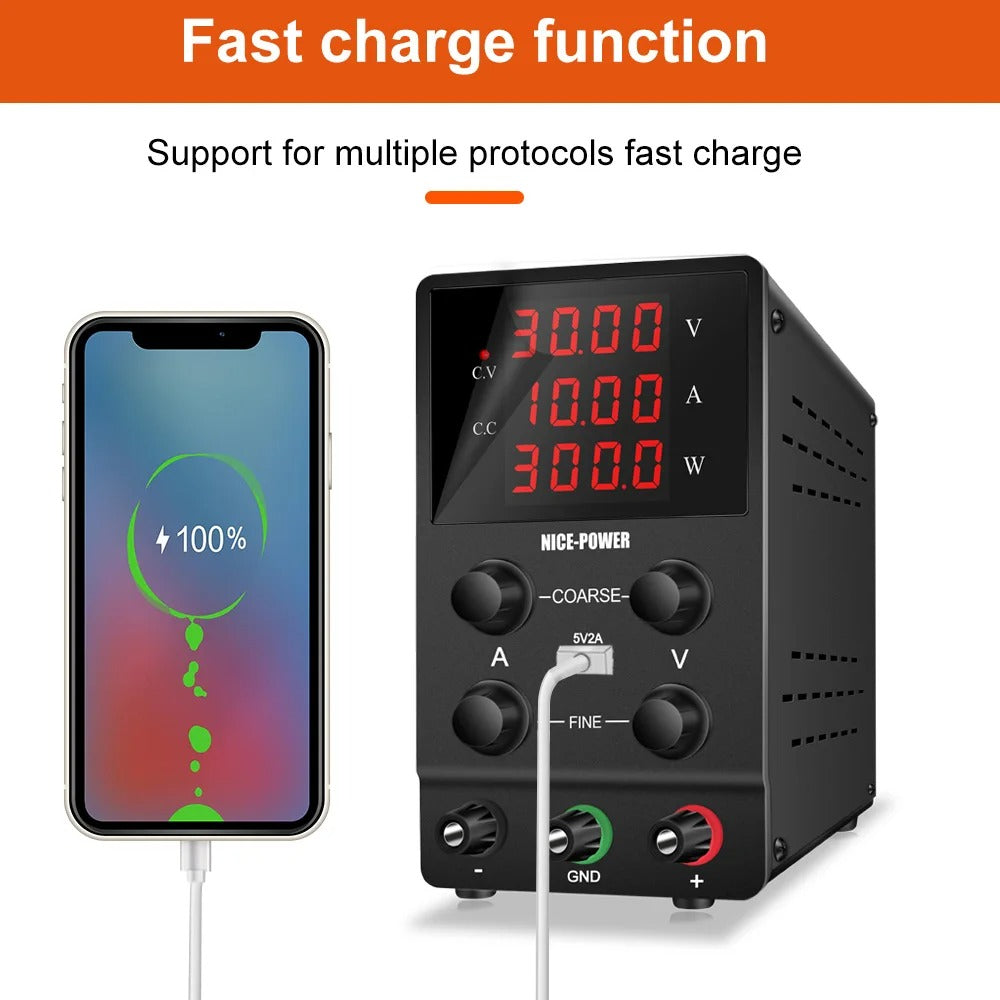 Voeding - Labvoeding - Omvormer - Regelbare Spanningsregelaar - Regelbare Voeding - Gereguleerde labvoeding - Functiegenerator - Regelaar Stabilisator Tafelbron - Regelbaar - 30V - 10A - 220V - Zwart