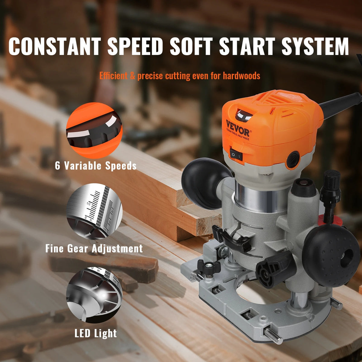 Vevor - Bovenfrees - Houtfrees - Elektrische Handtrimmer - Hoge Kwaliteit - 1.25HP - 800W - 220V - 30000RPM - 6 Variabele Snelheden - Oranje