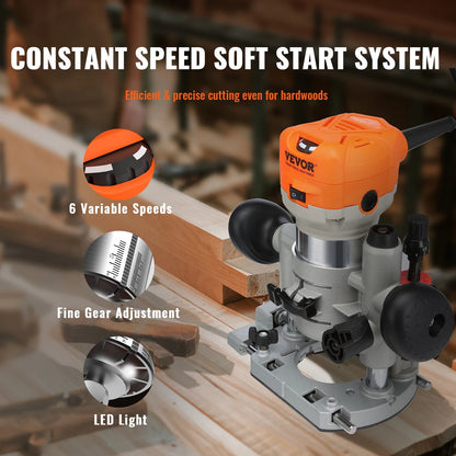 Vevor - Bovenfrees - Houtfrees - Elektrische Handtrimmer - Hoge Kwaliteit - 1.25HP - 800W - 220V - 30000RPM - 6 Variabele Snelheden - Oranje