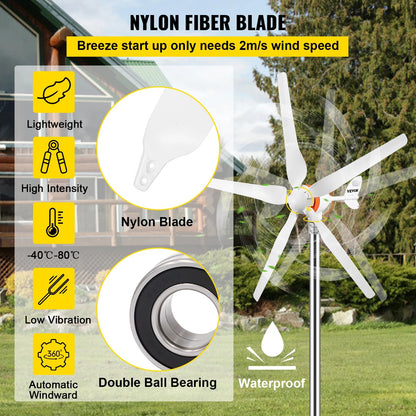 Windturbine - Windmolen Generator - Windturbine Generator – Windenergie - Wind Turbine - 5 Nylonvezel Blades - 12V - 29A - 500W - Wit - QUORE