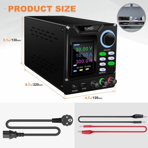 Kuaiqu - Power Supply - Inverter - Adjustable DC Voltage Regulator - Dual-Channel Variable DC Power Supply - 30V - 10A - 300W - 232-Port - AC 220V - Black
