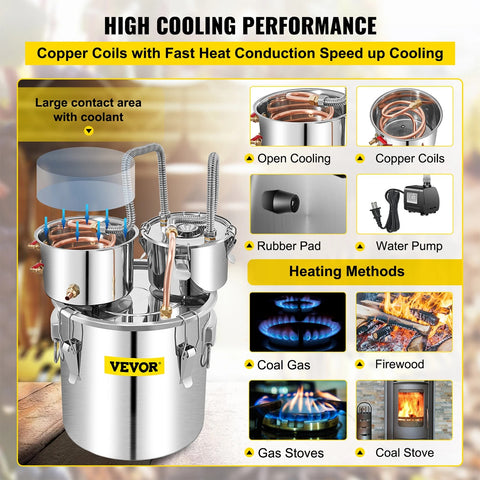 Vevor - Water Distiller - Alcohol Water Distiller - DIY Moonshine Equipment - Stainless Steel - Brewing Machine for Whisky Wine Beer - 50L - Silver