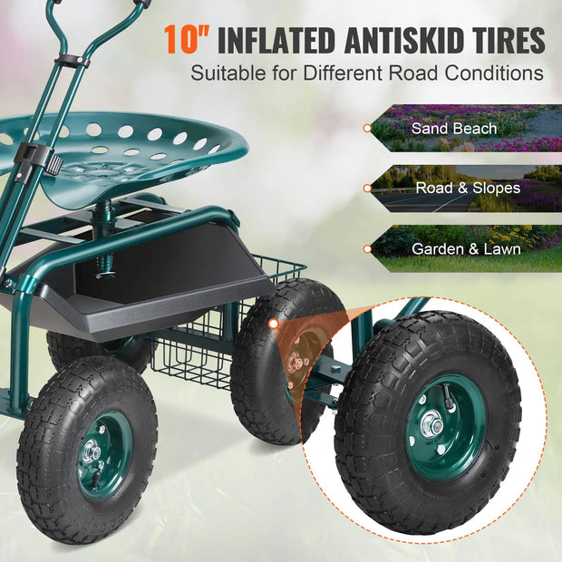 Vevor - Garden Cart - Rolling Work Chair with Wheels - Garden Stool for Plants 360 Degree Swivel Chair - Cart Scooter with Handlebars - Green