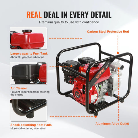 Vevor - Water Pump - Utility Pump - Gasoline Engine Water Pump - 4-Stroke Gas Powered - 7HP - 265GPM - Waste Water Transfer Pump for Pool Irrigation - Red