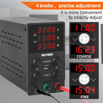 Voeding - Labvoeding - Omvormer - Regelbare Spanningsregelaar - Regelbare Voeding - Gereguleerde labvoeding - Functiegenerator - Regelaar Stabilisator Tafelbron - Regelbaar - 30V - 10A - 220V - Zwart