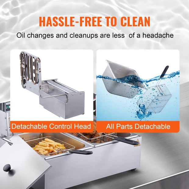 Frituurpan - Dubbele tanks - Commerciële elektrische frituurpan -  Zonder timing en filter - 3000W - 220V - Frituurpan voor op het aanrecht - Roestvrij staal - Zilver