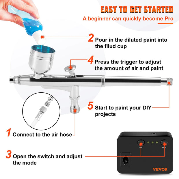 Vevor - Airbrush - Airbrush Kit - Dual-Action - 30PSI - Auto Start/Stop Control Compressor - voor Cake Painting Nail Makeup - Zwart