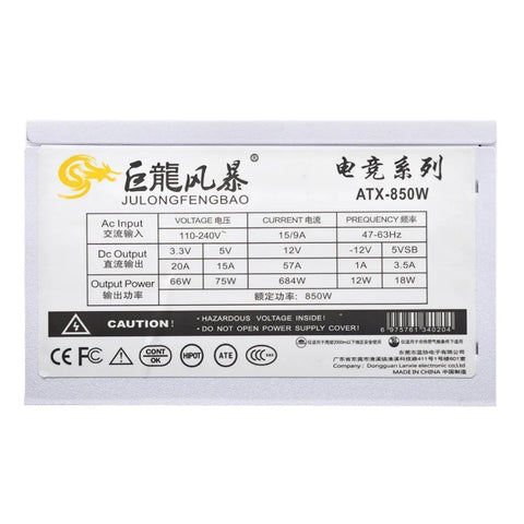 Julongfengbao - Voeding - Interne voeding - 110-240V Game Fonte - 850W - Volledig modulair - ATX - Gamer-voeding - Wit