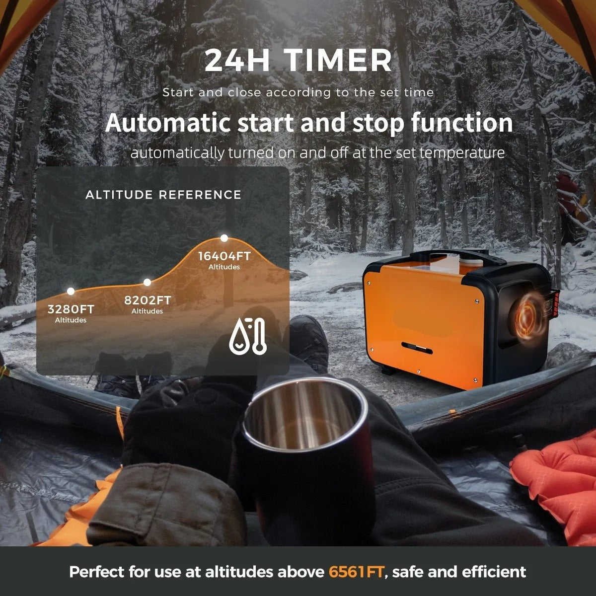 Dieselkachel - Elektrische kachel - 8KW - 220V - Bluetooth-app en Afstandsbediening - Ultrastille Nachtkachel of Campertent voor Thuis - Oranje - QUORE