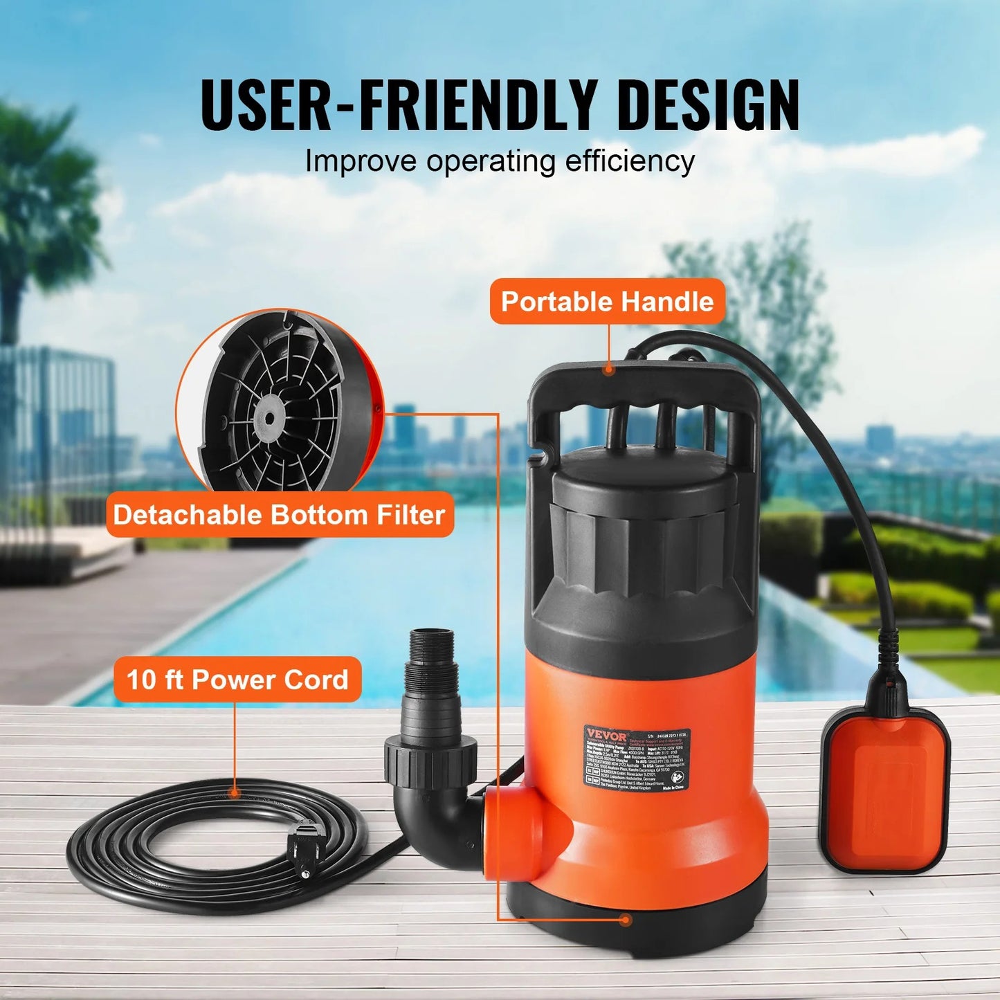 Vevor - Water Pump - Utility Pump - Submersible Pump - 1HP - 700W - 4000GPH - for water drainage - IPX8 - Orange
