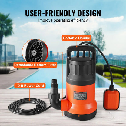 Vevor - Water Pump - Utility Pump - Submersible Pump - 1HP - 700W - 4000GPH - for water drainage - IPX8 - Orange