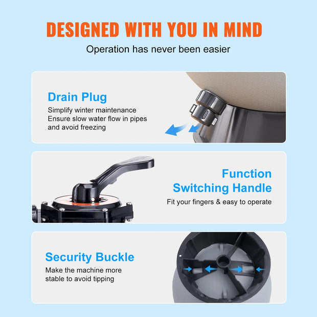 Vevor - Sand Filter - Sand Filter Pump - with 7-Way Multiport Valve - High GPM Flow Rate - High Pressure - 16 Inch - 35 GPM - HDPE Material - Gray