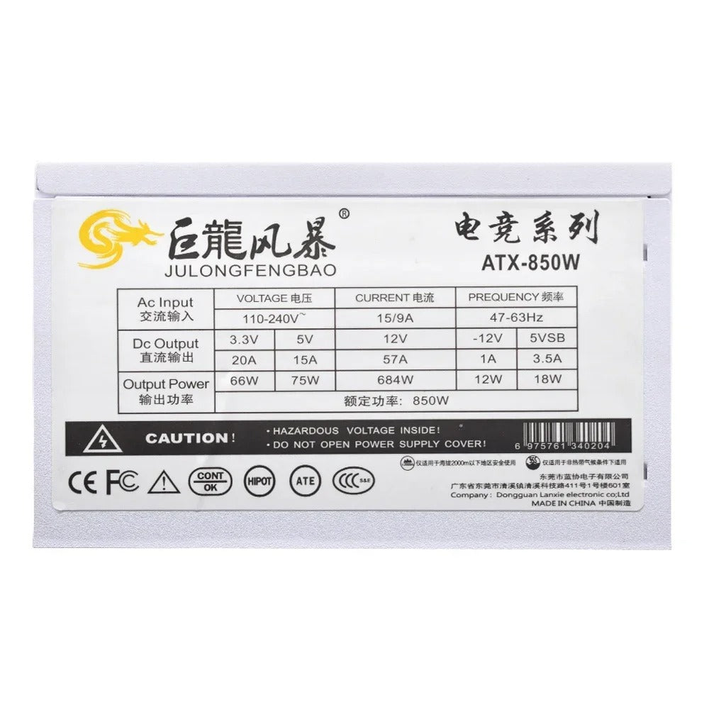 Senlifang - Voeding - Interne voeding - Voor gaming desktopcomputer PSU - 850W - Maximale piek 1000W - Volledig modulair - ATX PSU - 110-240V - Wit - QUORE