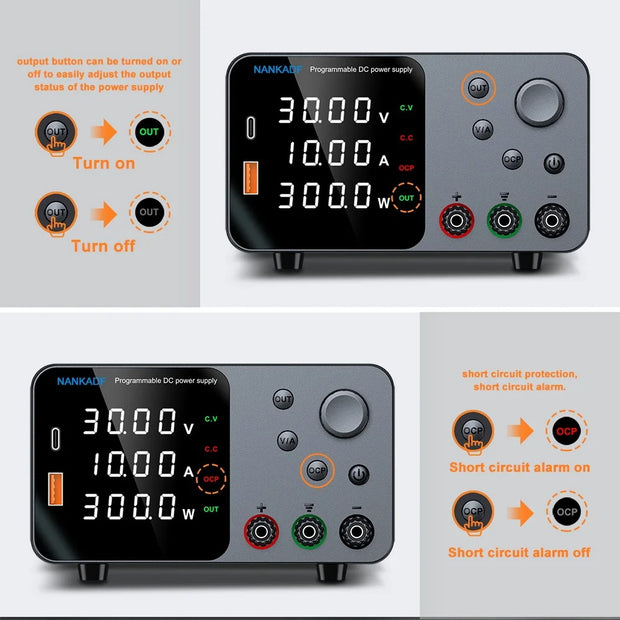 Voeding - Omvormer - Instelbare spanningsregelaar - met USB-A/Type-C - Laadpoort - 30V 10A - DC-voeding voor 4-cijferig LED-display met encoderbediening - Zwart